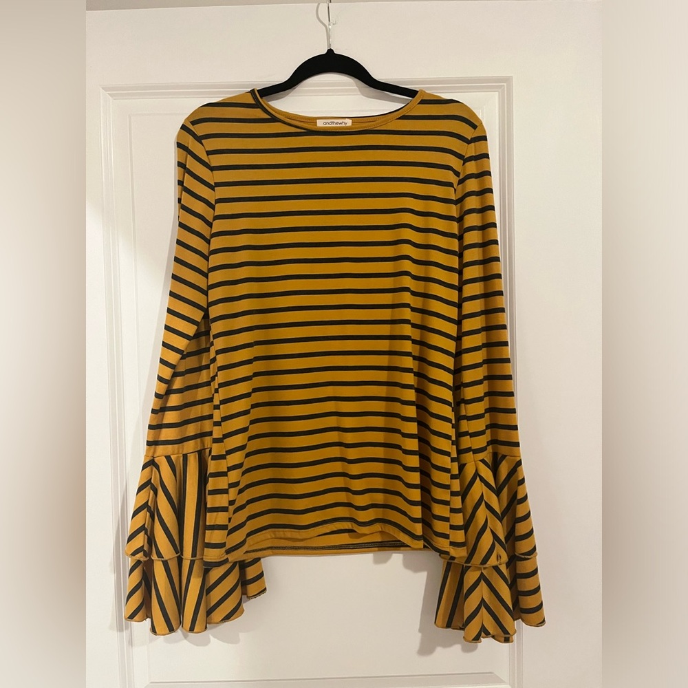 andthewhy Yellow and Navy Striped Long Sleeved Shirt with Bell Sleeves